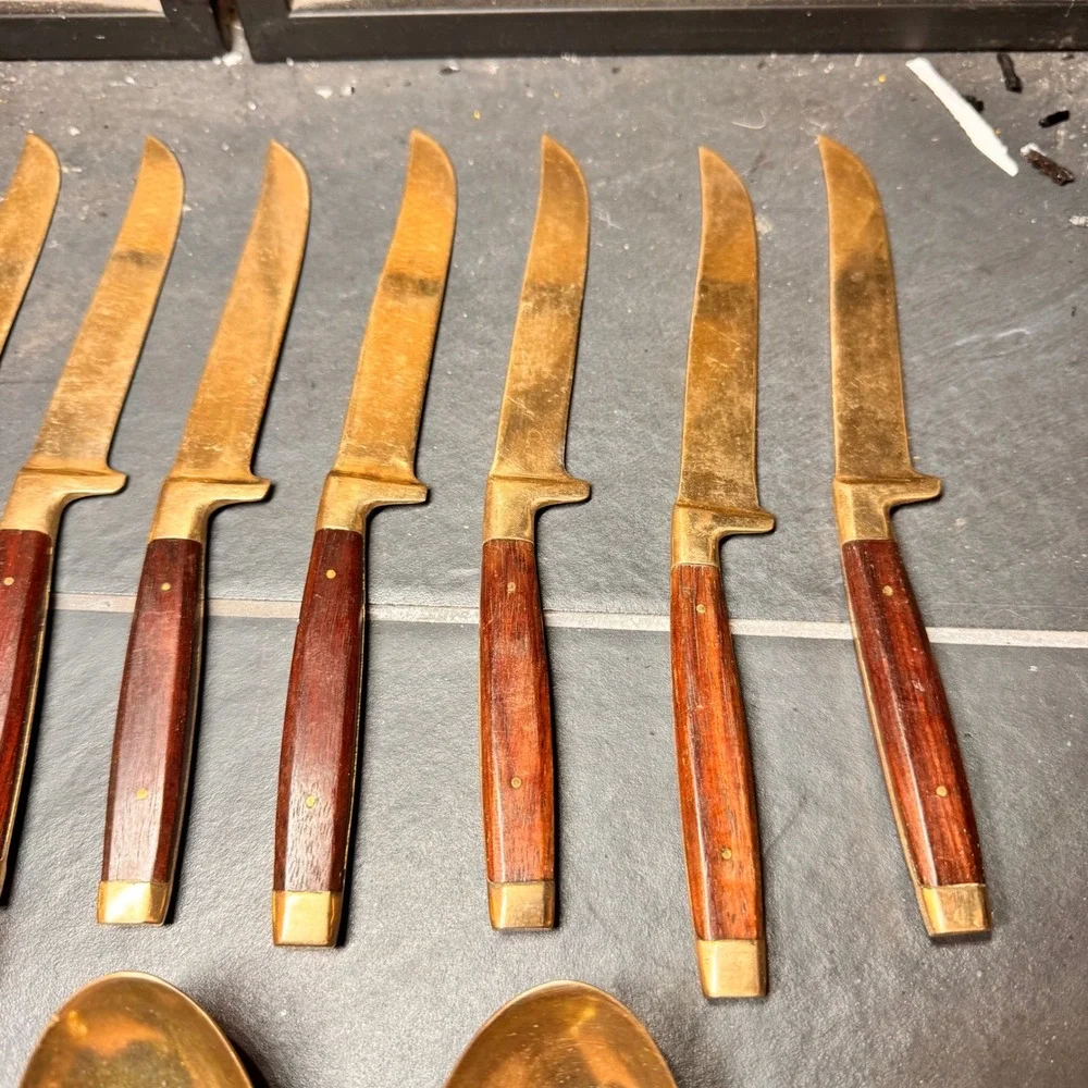 Vintage MCM Luxury Gold Tone Cutlery Rosewood Handles Serving Utensils 29pc‎ Set